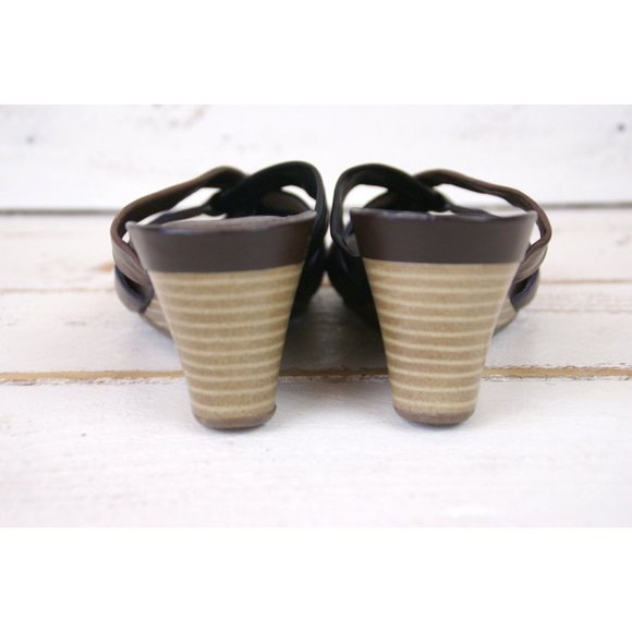 Black and brown strappy leather open toe vintage wedge mule sandals - Picture 3 of 4